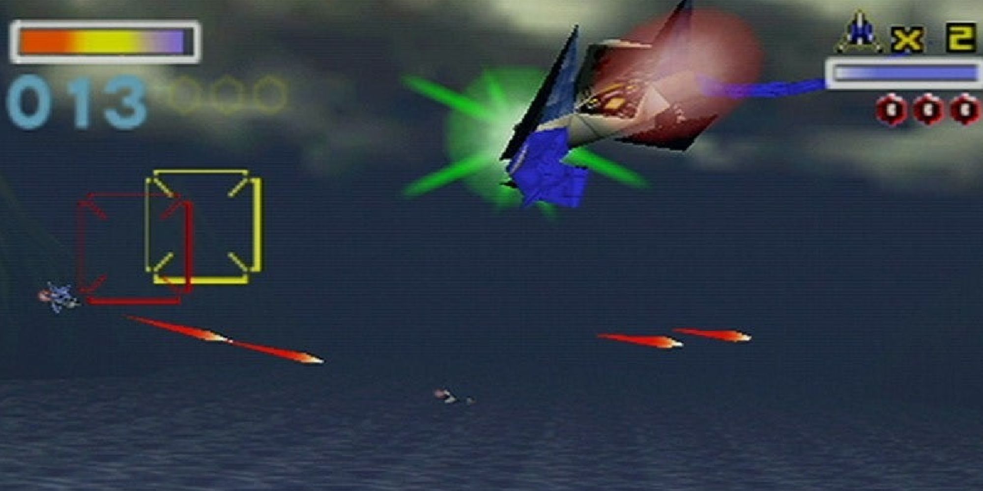 An Arwing firing at enemies over water in Star Fox 64
