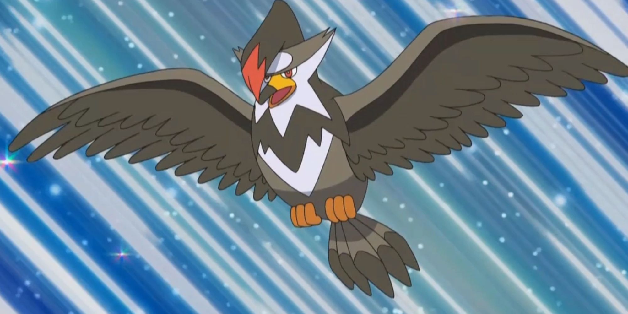 Staraptor's evolution screen in the anime.