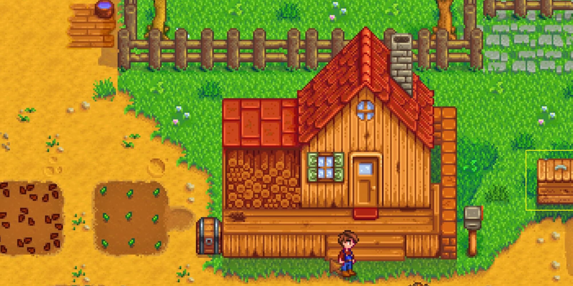 Player standing in front of house by chest and fields of crops in Stardew Valley