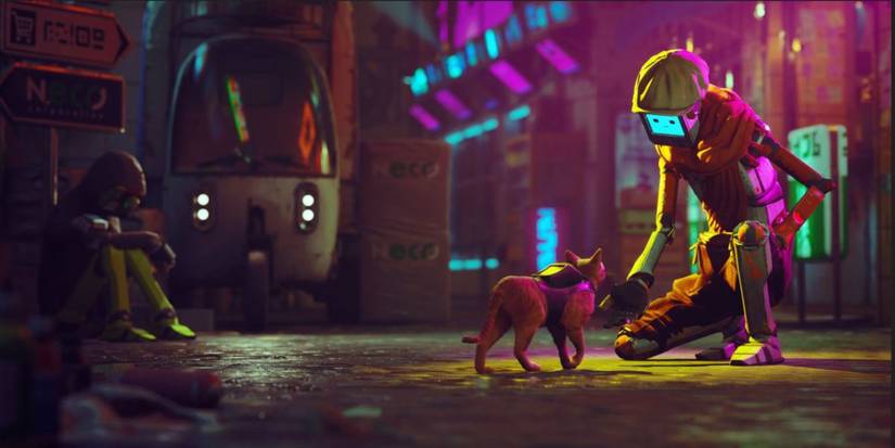 Stray robot petting cat