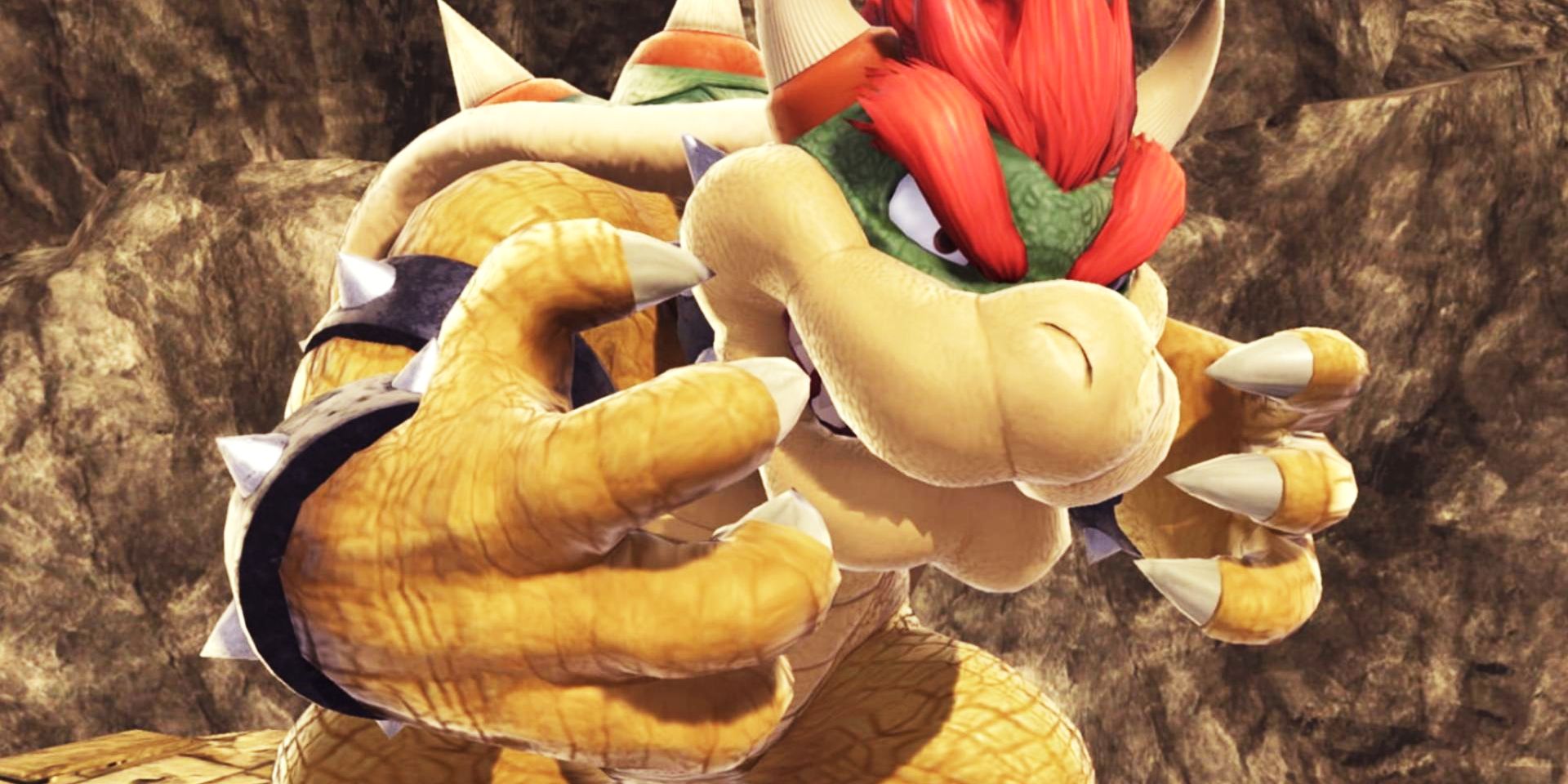 Bowser in front of rocky backdrop in Super Smash Bros