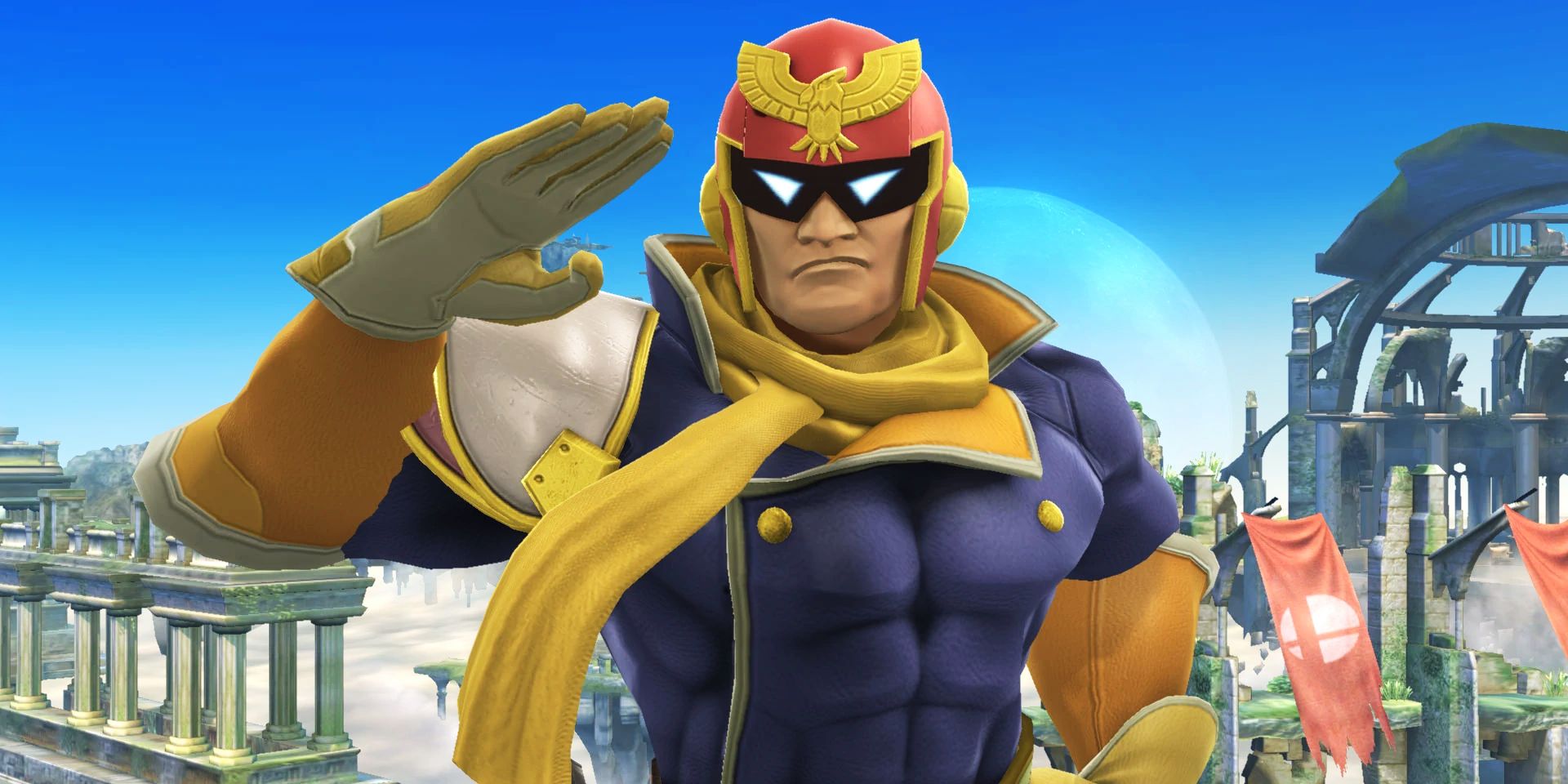 Captain Falcon saluting the viewer in Super Smash Bros