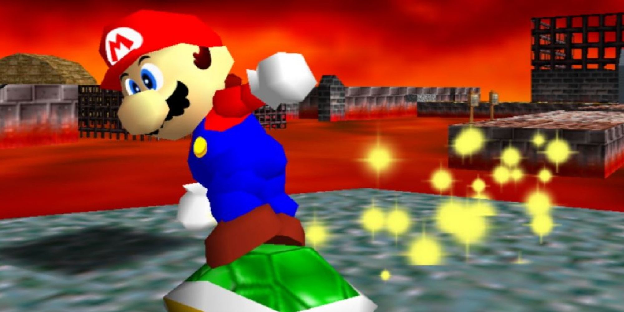 Mario riding on a Koopa shell in a lava level in Super Mario 64
