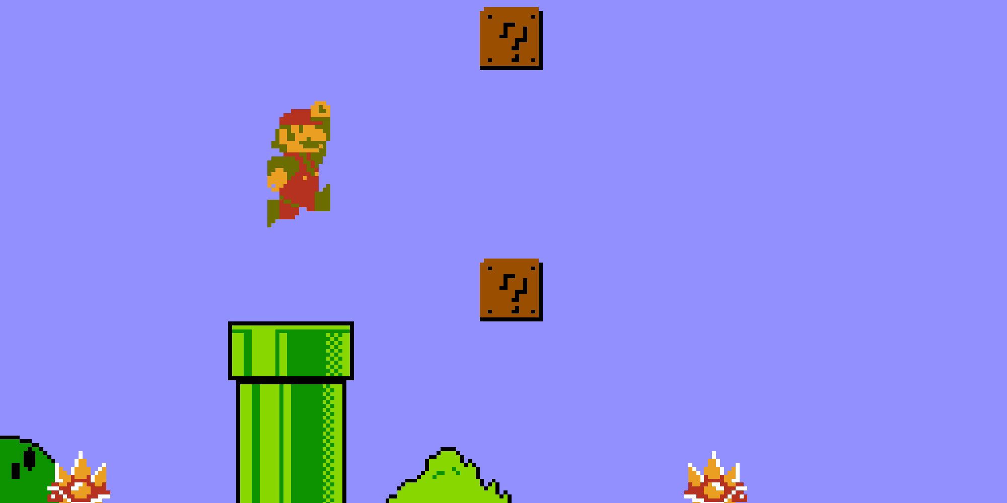Mario jumping over a pipe near Spinies and ? Blocks in Super Mario Bros