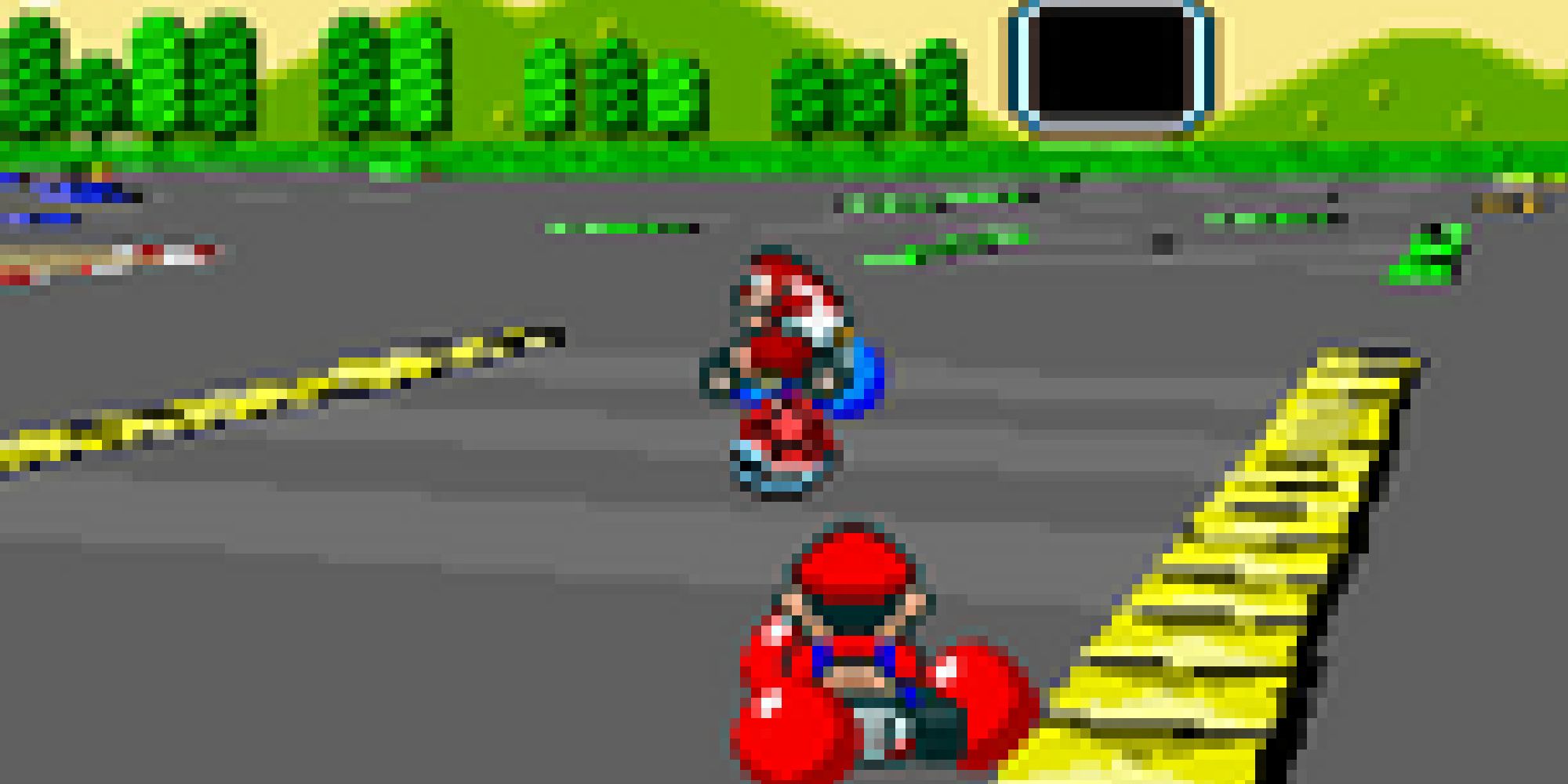 Mario chasing Donkey Kong Jr in a Balloon Fight in Super Mario Kart