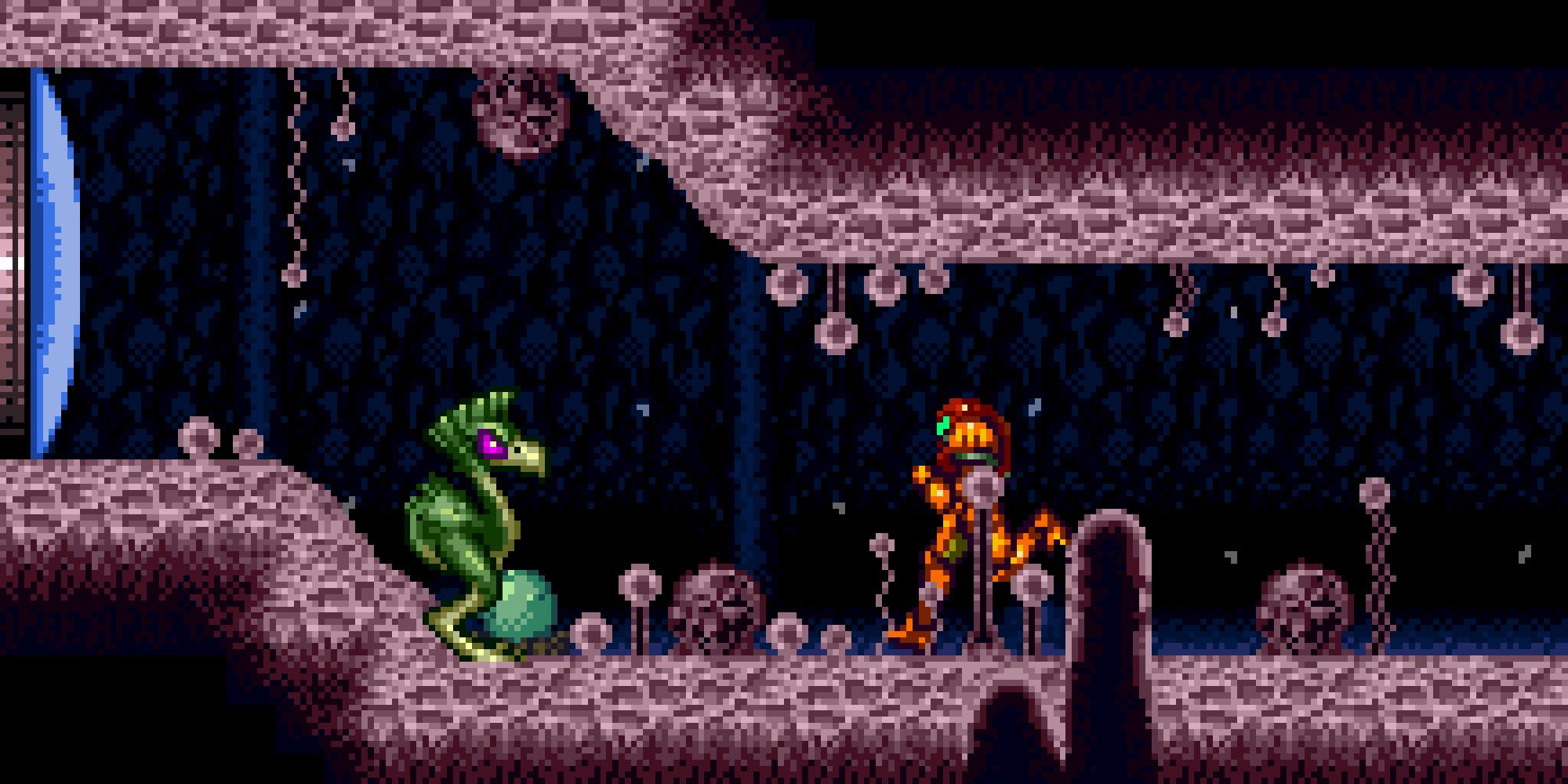 Samus running through a hallway in Super Metroid