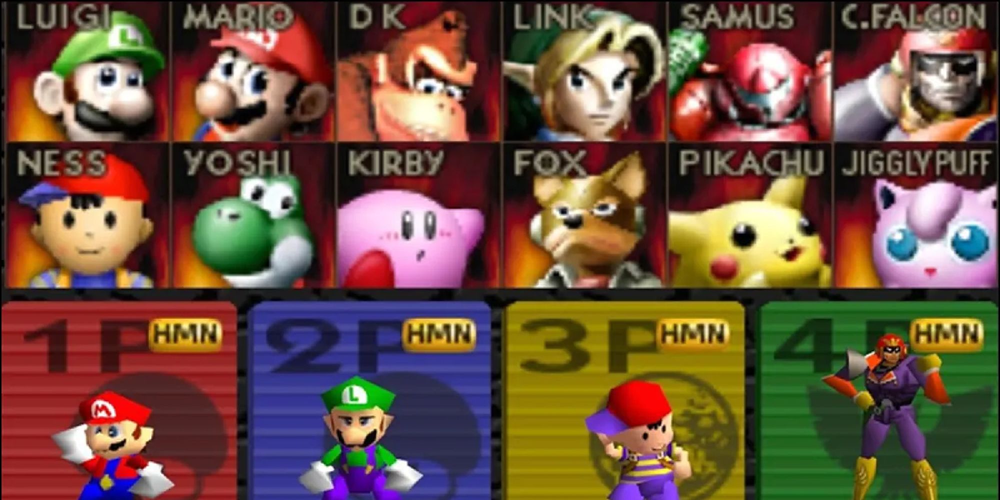The character select screen in Super Smash Bros with the original 12 characters