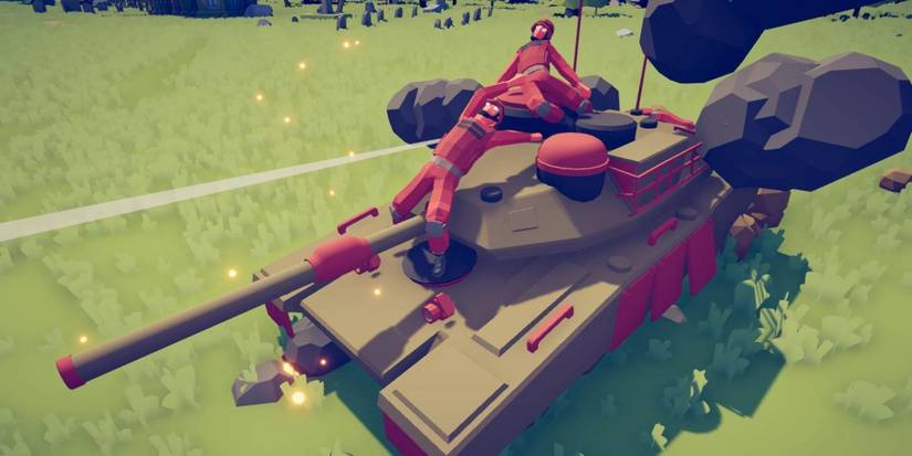 A Tank with two red soldiers on it in Totally Accurate Battle Simulator