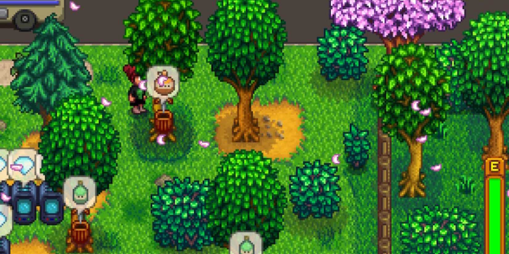 A Stardew Valley player collecting oak resin from a tapper