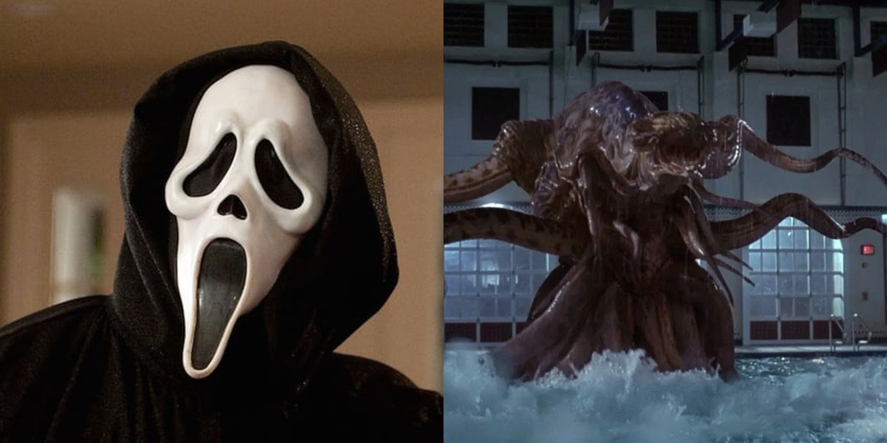 Split image of Ghostface in Scream and an alien in The Faculty