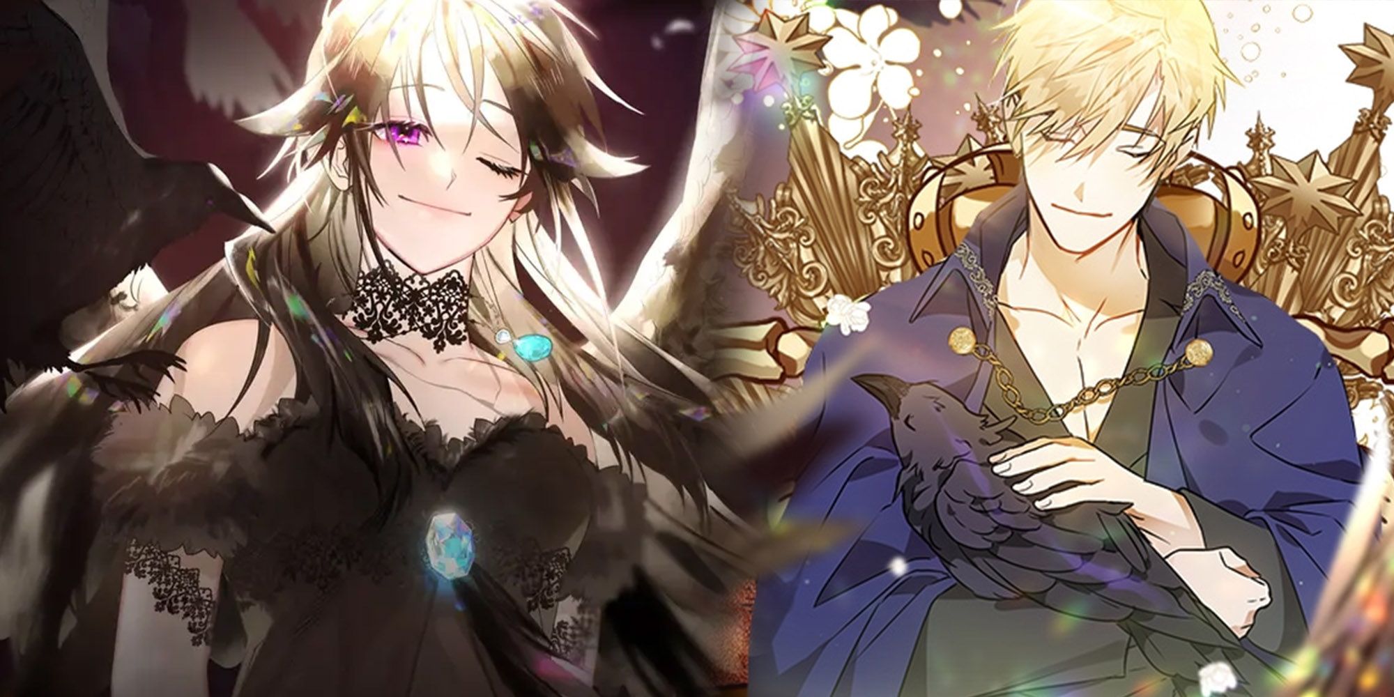The Crows Prince - Main Character Smiling Toward Camera Next To Image Of Prince Karmeut Holding Her As A Crow