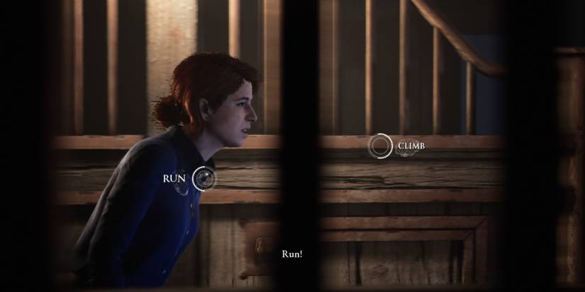 Kate deciding to run or climb to safety when being pursued