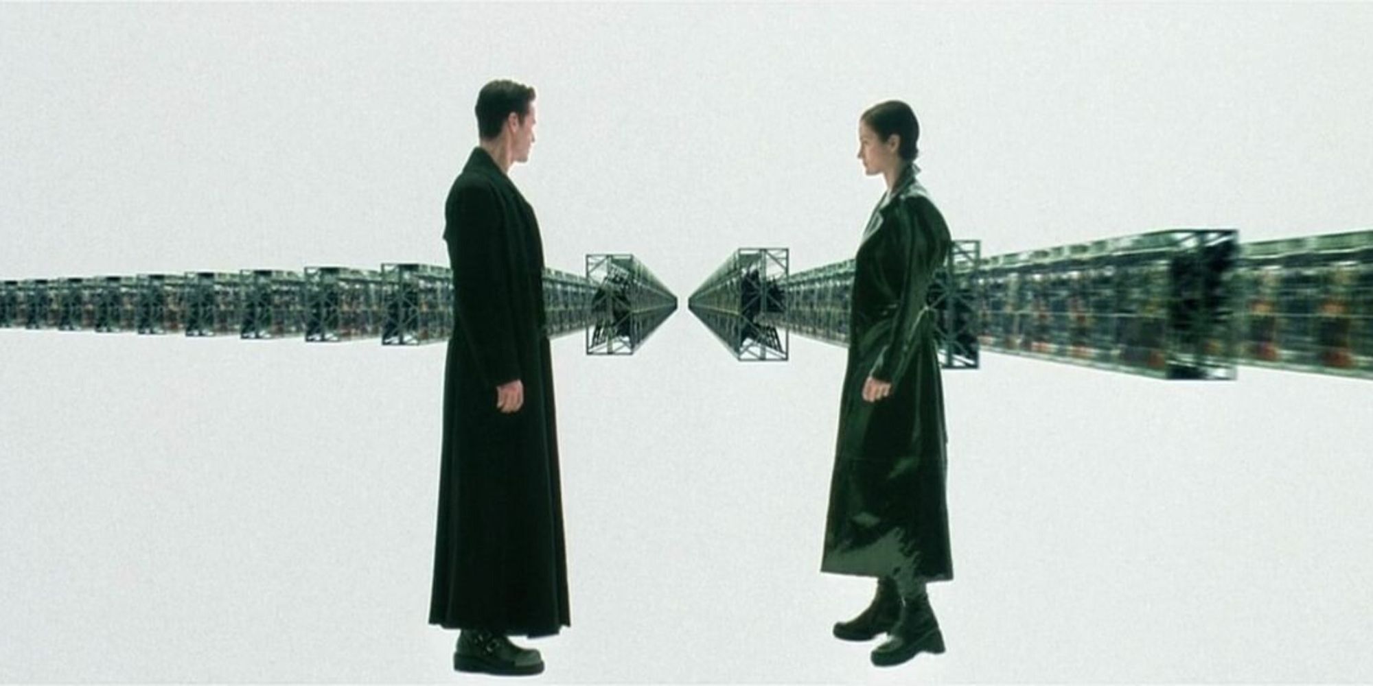 Neo and Trinity in the armory room in The Matrix