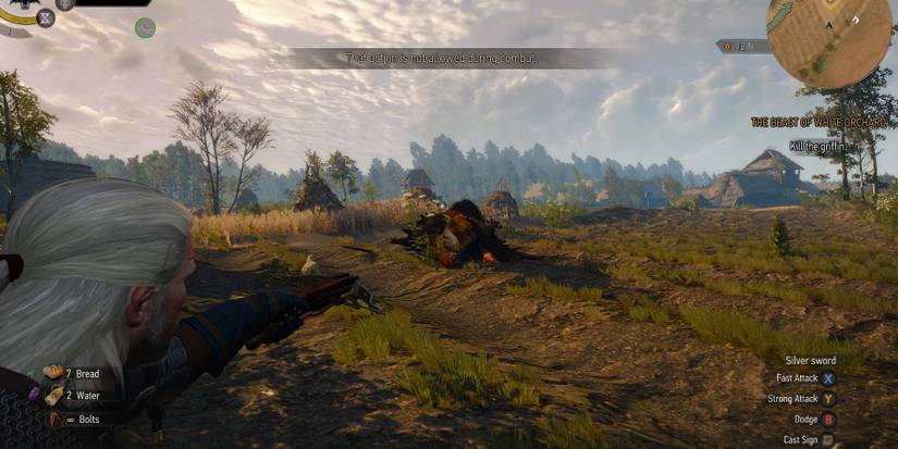 The Witcher 3 Geralt using a crossbow on the Griffin