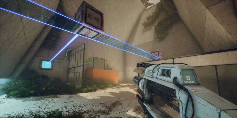 A block emitting a light bridge provides a platform for a laser block in The Entropy Centre