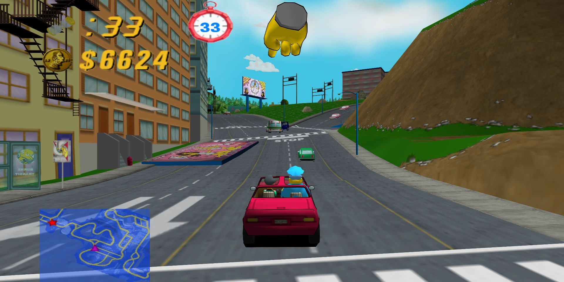 Apu driving Chief Wiggum around in The Simpsons: Road Rage