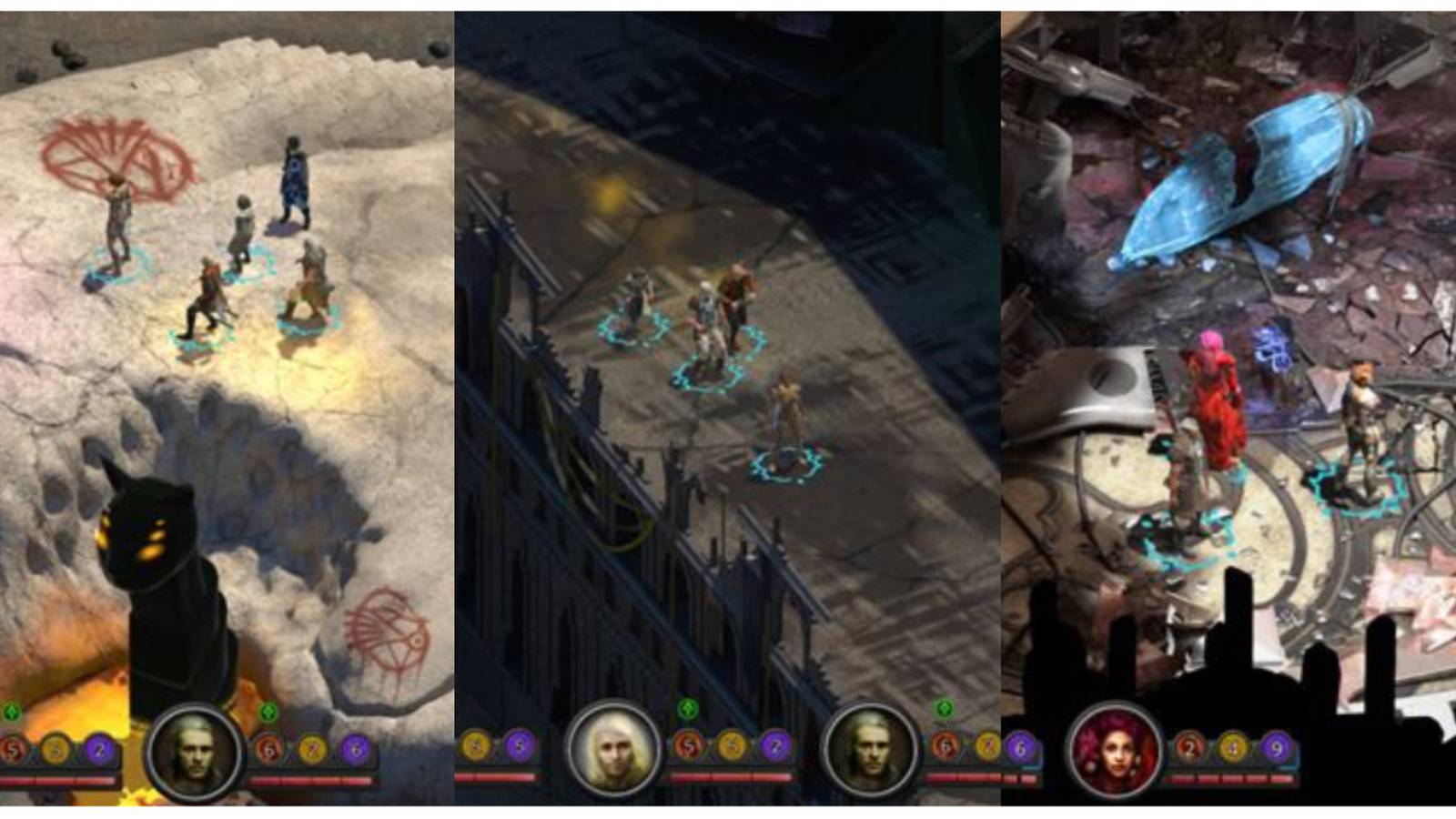 split image of three battle scenes in Torment: Tides of Numenera