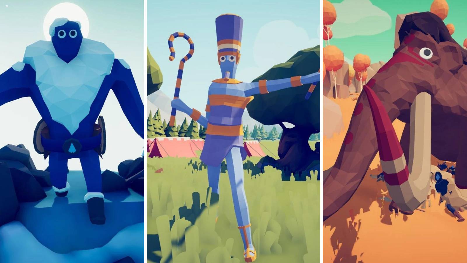 The Ice Giant, Pharaoh and Mammoth units from Totally Accurate Battle Simulator