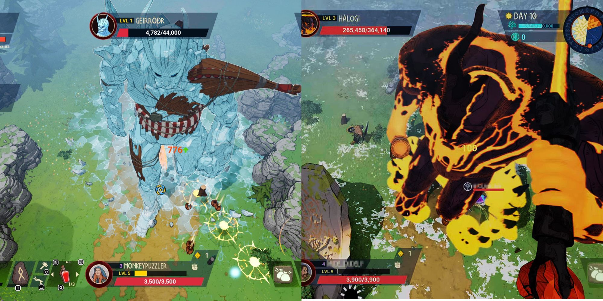 split image of battles with Geirrodr and Halogi in Tribes of Midgard