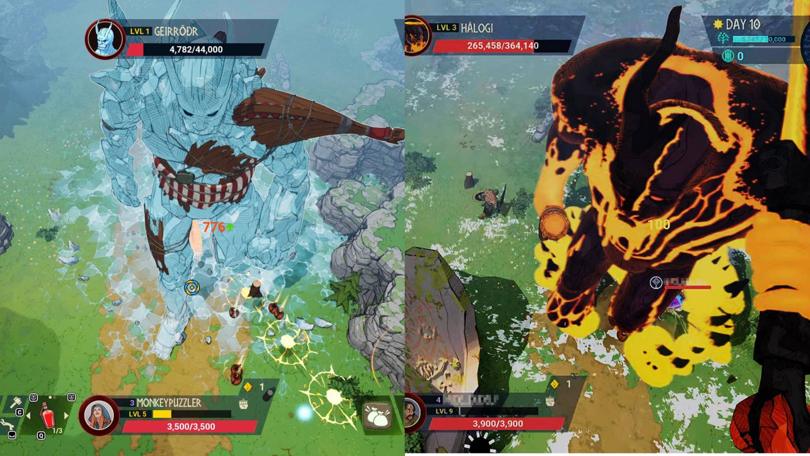 split image of battles with Geirrodr and Halogi in Tribes of Midgard