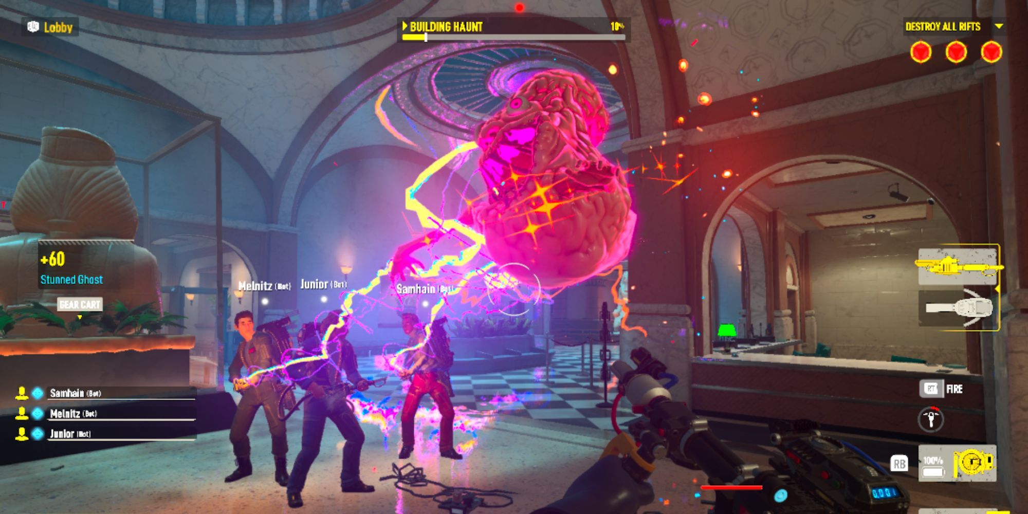 Busters Tethering A Ghost Together In Ghostbusters: Spirits Unleashed