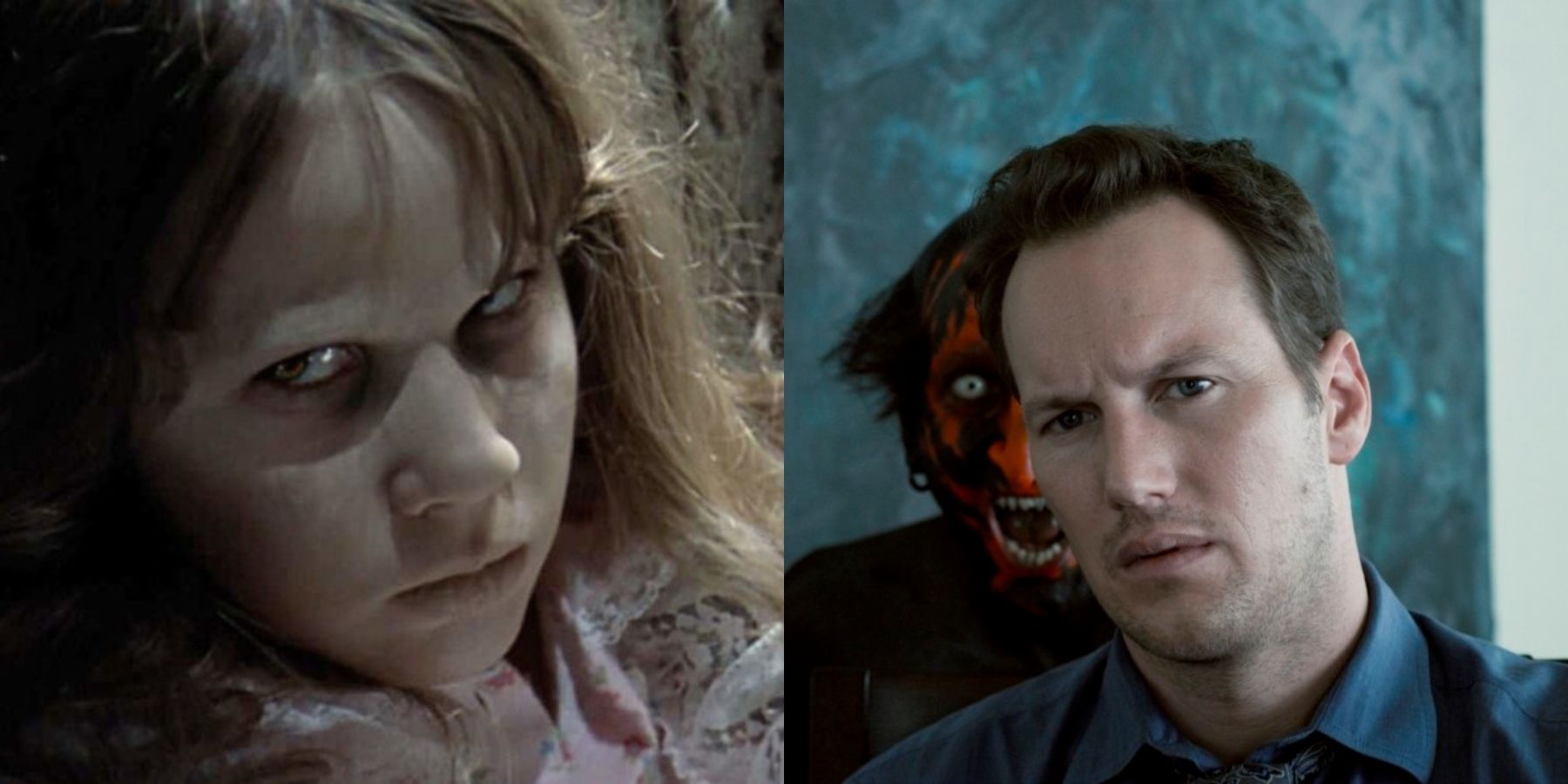 Split image of Linda Blair in The Exorcist and Patrick Wilson in Insidious