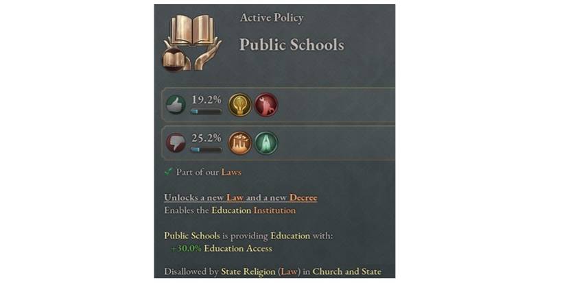 screen showing public schools cannot be active with state religion in Victoria 3