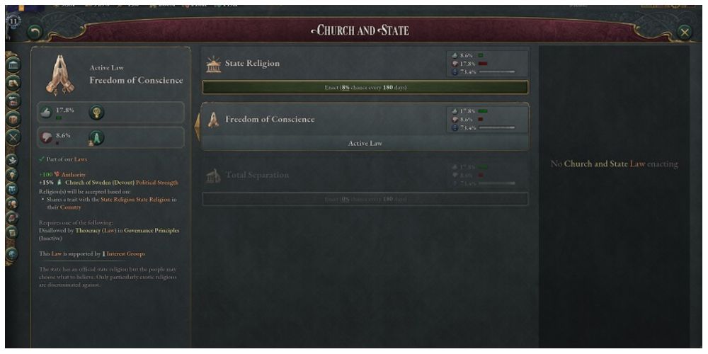 screen showing current laws around religion in Victoria 3