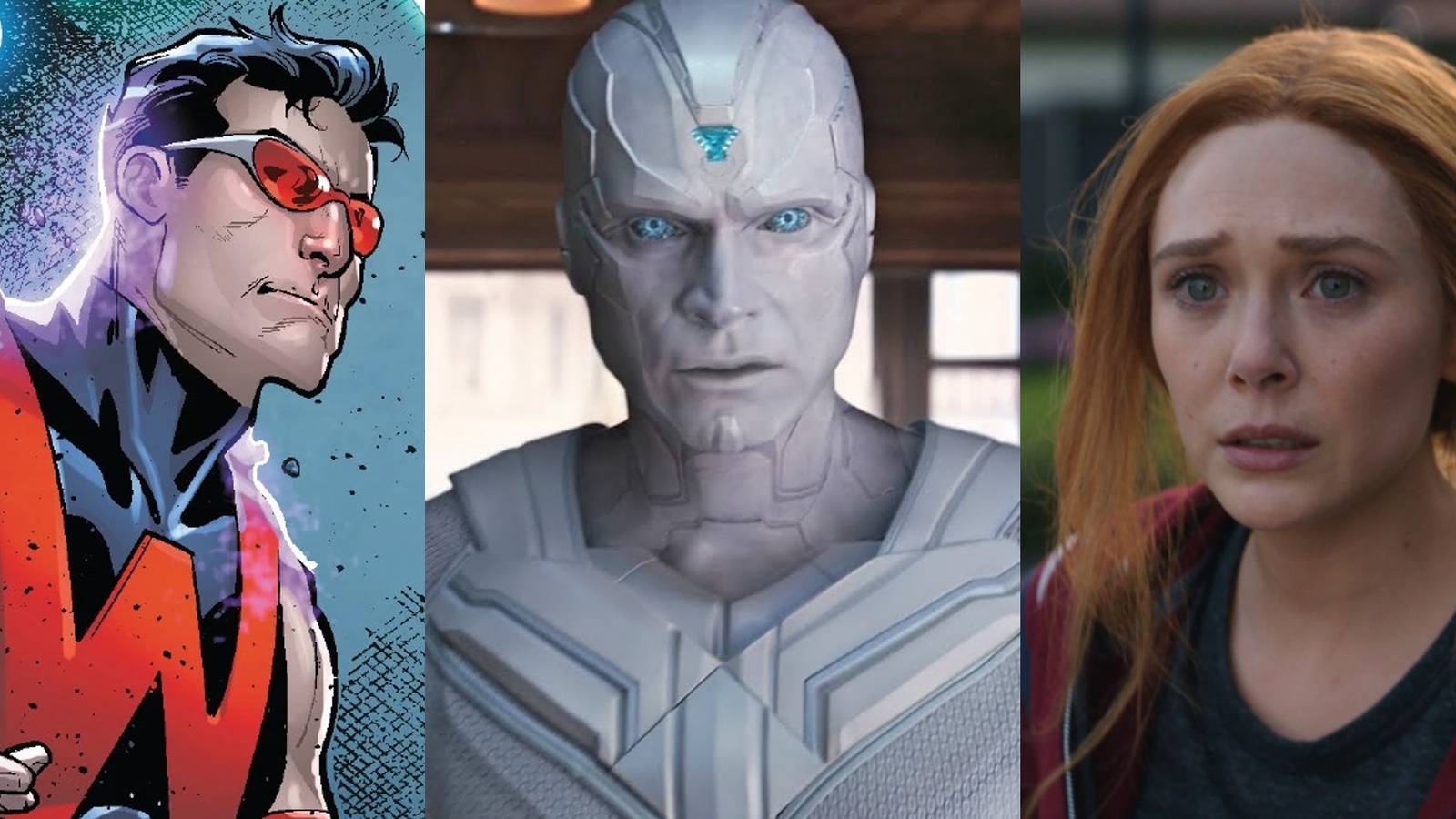 Wonder Man in the comics; White Vision appearing in WandaVision; A casually dressed Wanda in WandaVision