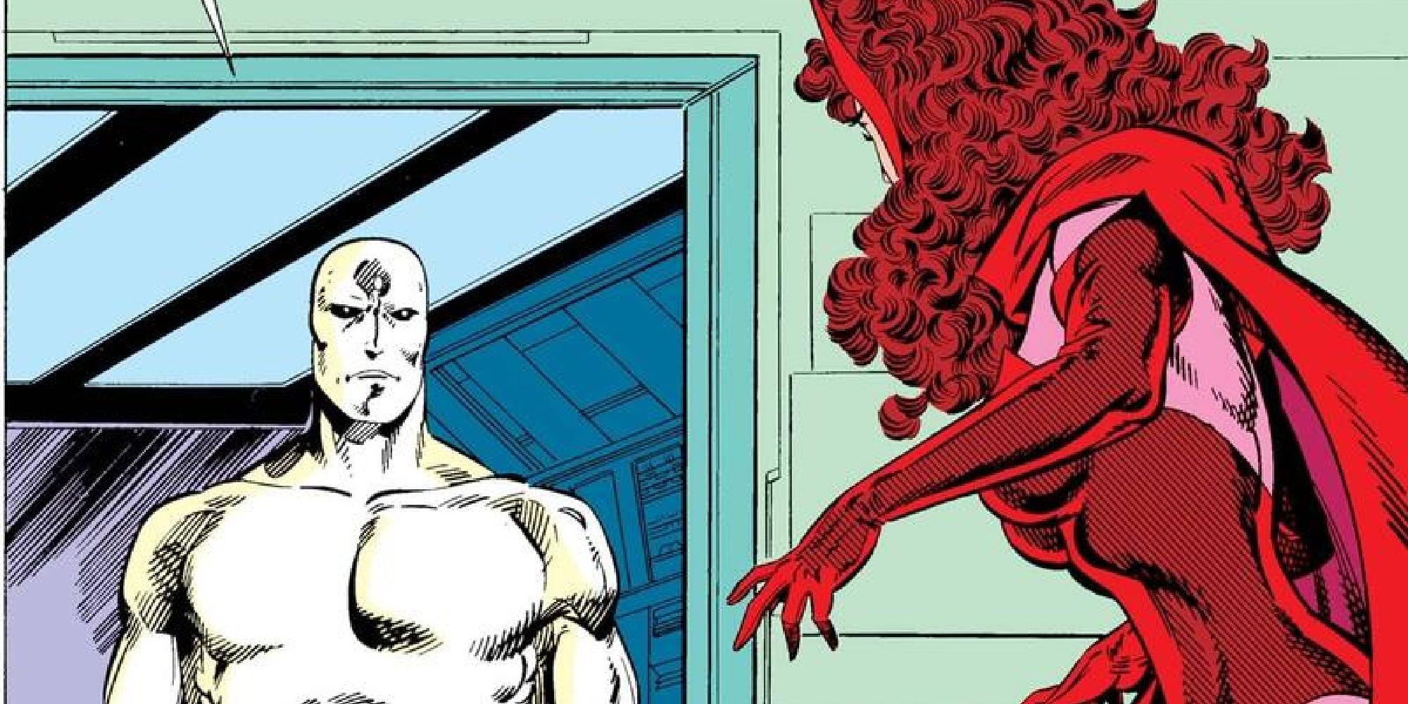 White Vision approaching Wanda in a West Coast Avengers comic
