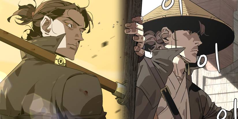 Wild West Murim - Main Character On Cover Art Next To Image Of Him Walking Into A Saloon Stereotypically