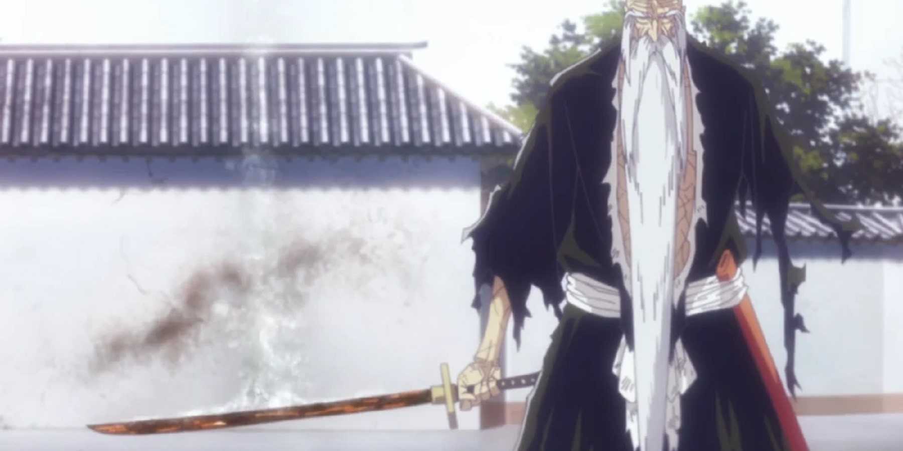 Yamamoto Genryusai wields Zanka no Tachi with his one remaining arm in Bleach
