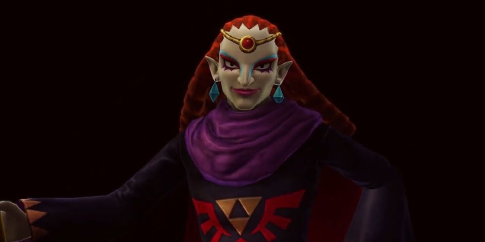 Yuga Hyrule Warriors. A pale faced man with red hair and clownish makeup in long, dark robes