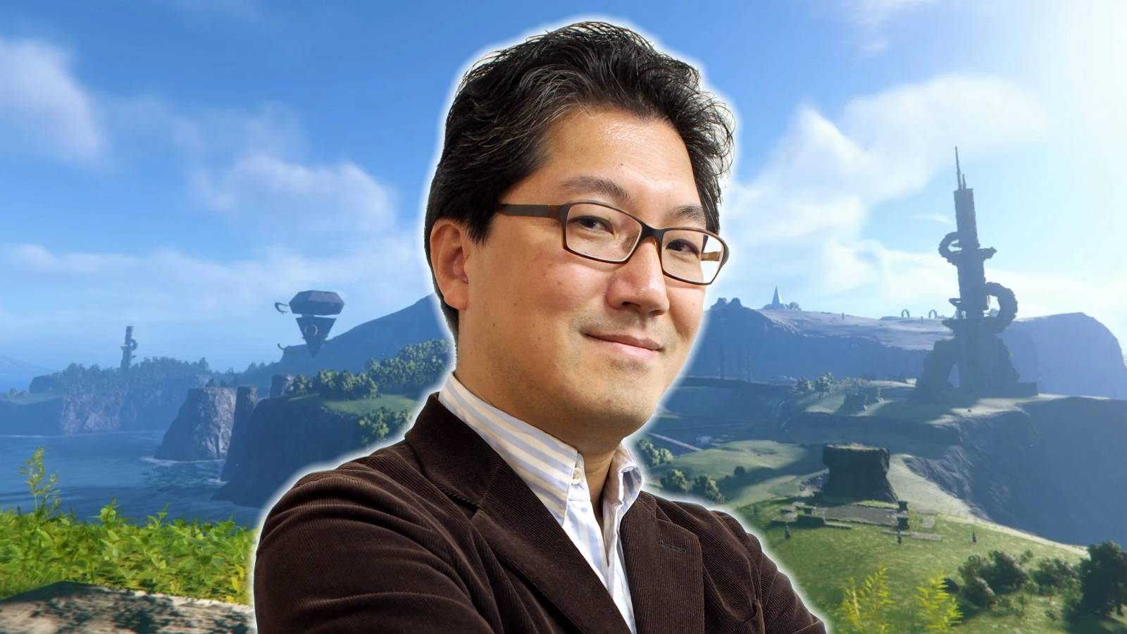 Yuju Naka superimposed on a Sonic Frontiers screenshot