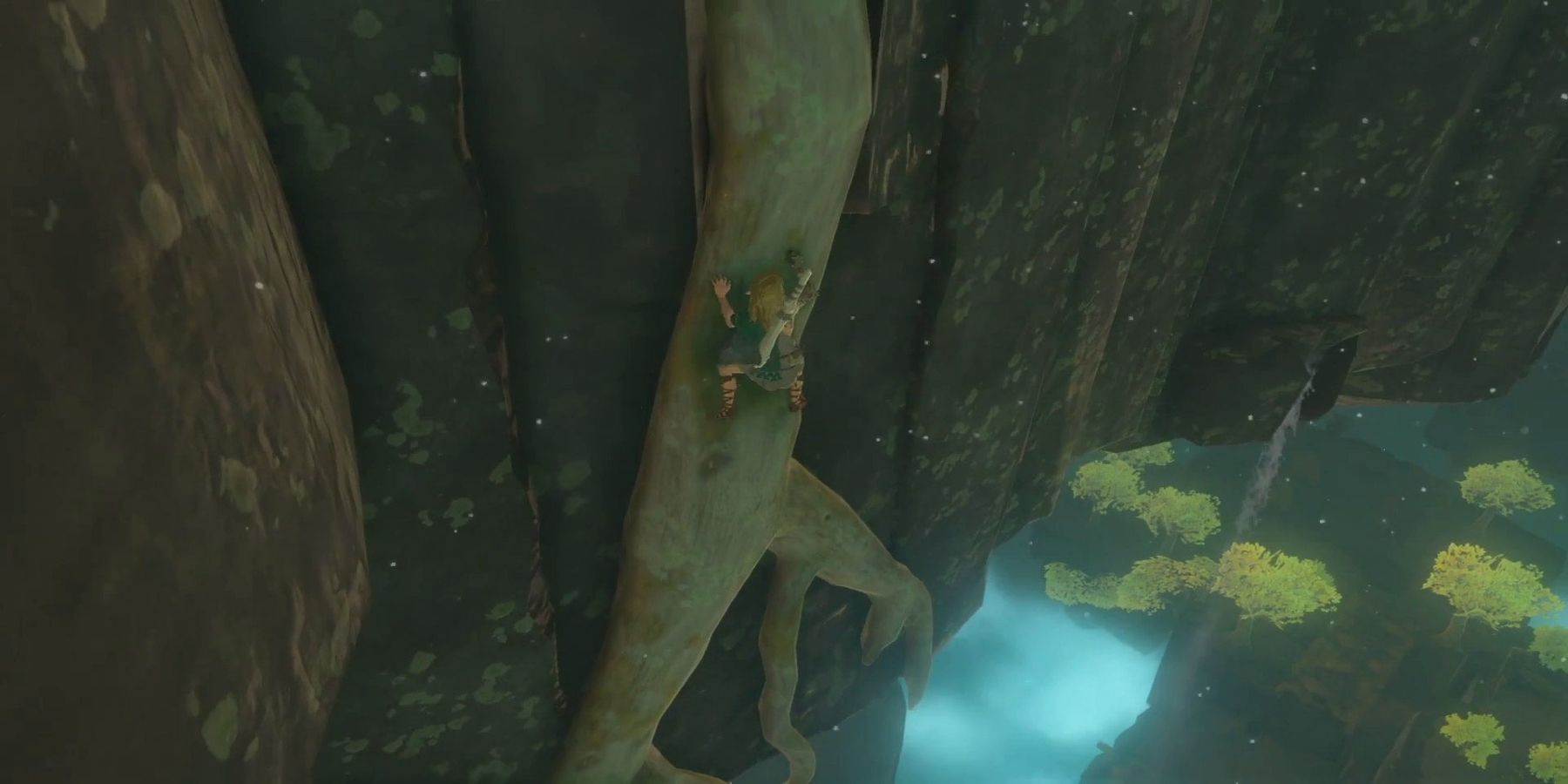 The Legend of Zelda: Tears of the Kingdom Link climbing up an island. 