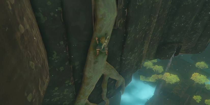 The Legend of Zelda: Tears of the Kingdom Link climbing up an island. 