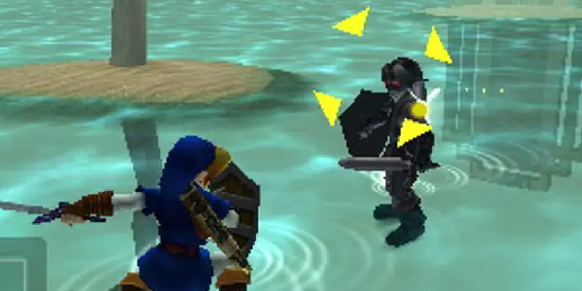 Blue Link Z-locking on Shadow Link in Ocarina of Time's Water Temple