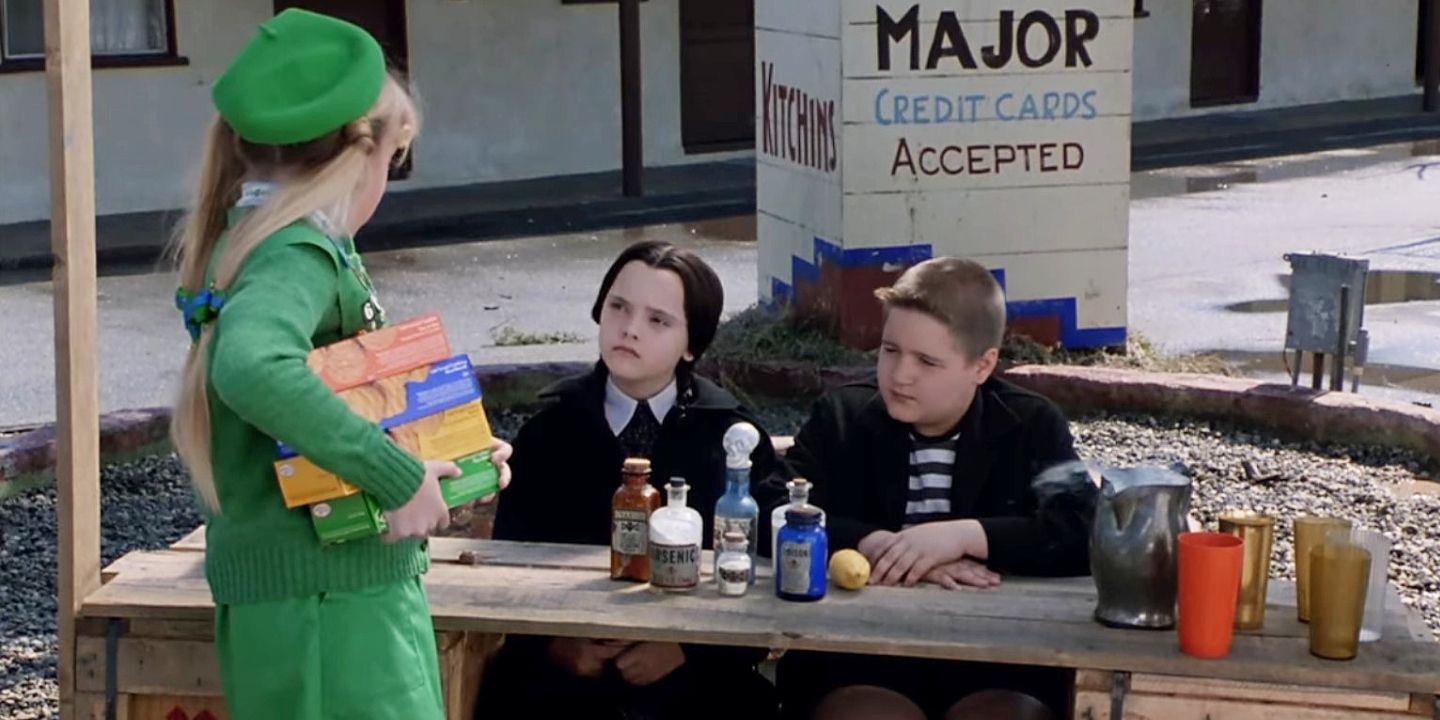 A Girl Scout visits Wednesday and Pugsley Addams lemonade stand in The Addams Family 1991
