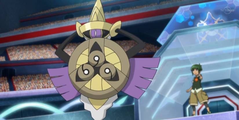 Aegislash in arena in the Pokemon anime