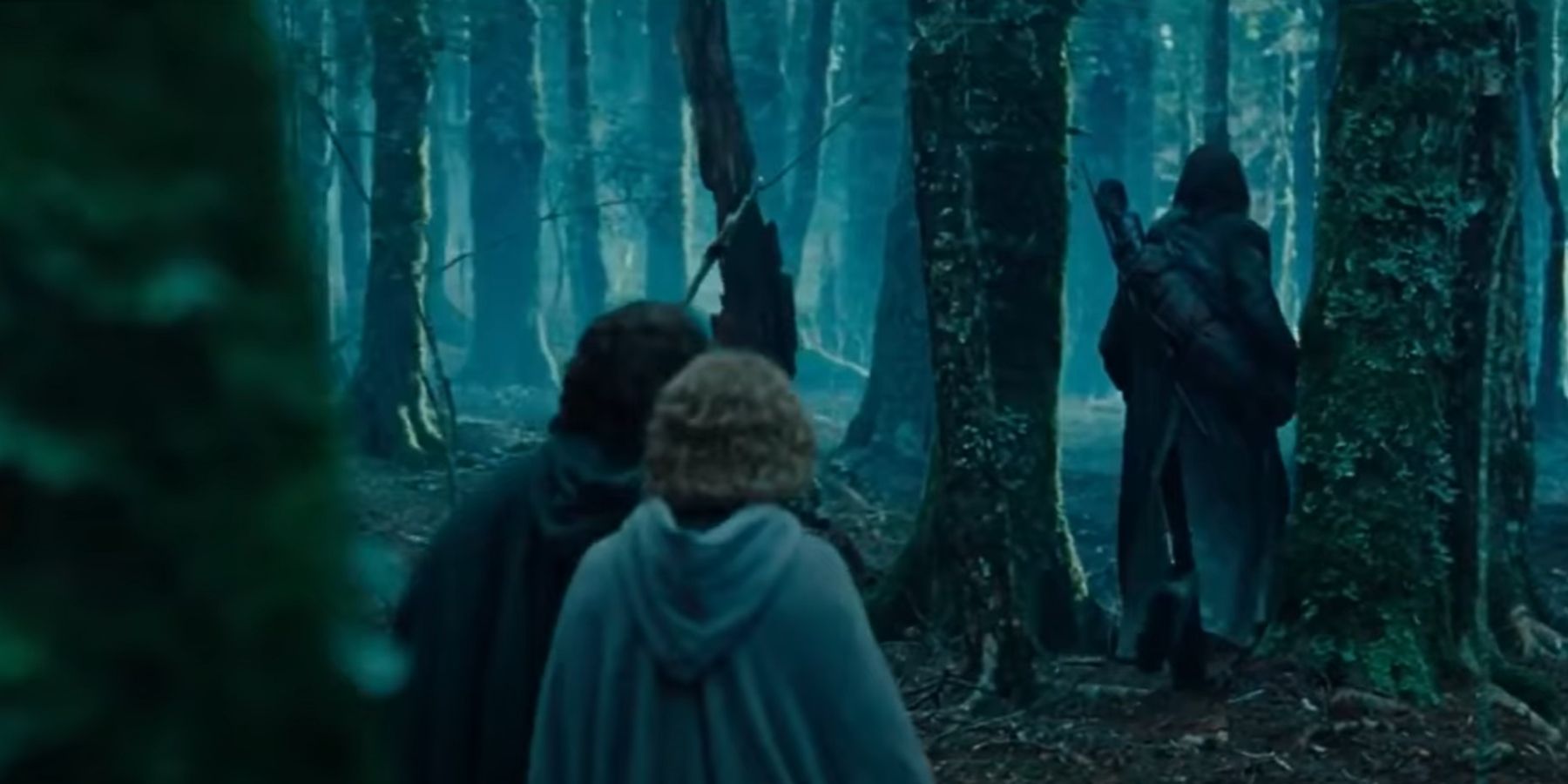 Aragorn leads the hobbits through the woods