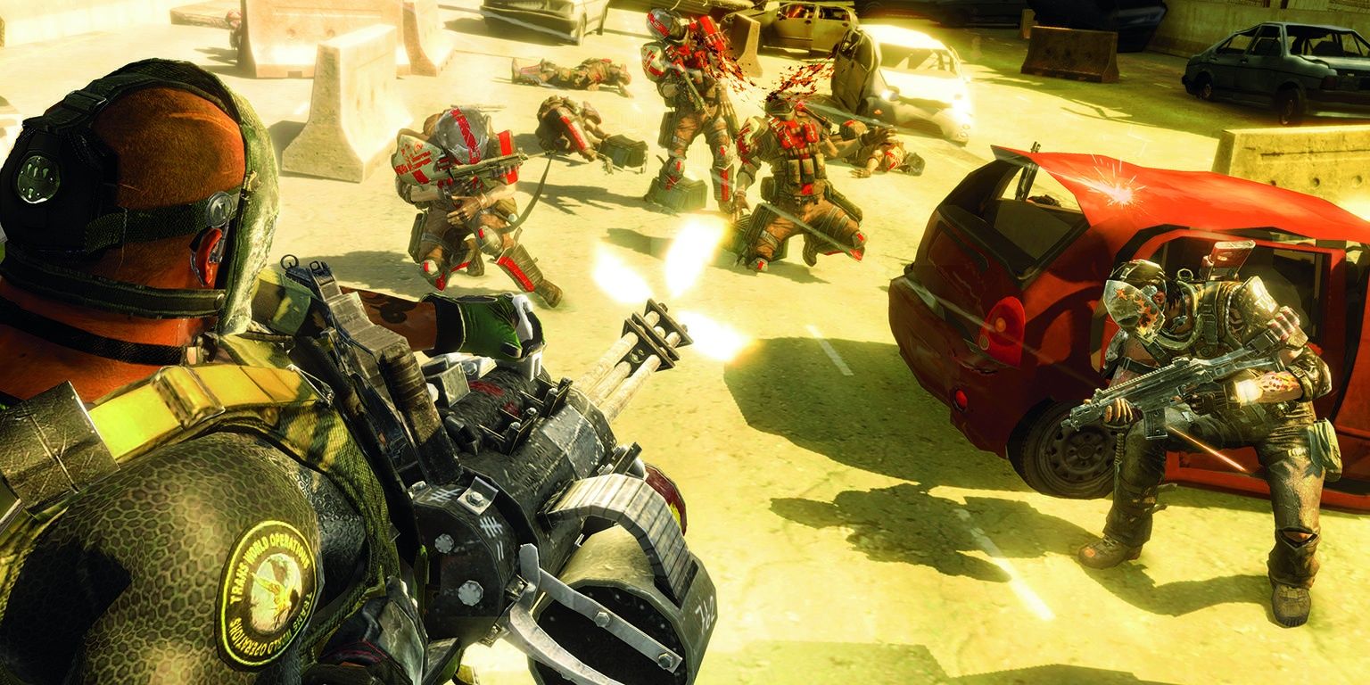 army of two player shooting at enemies while the second player is in cover 