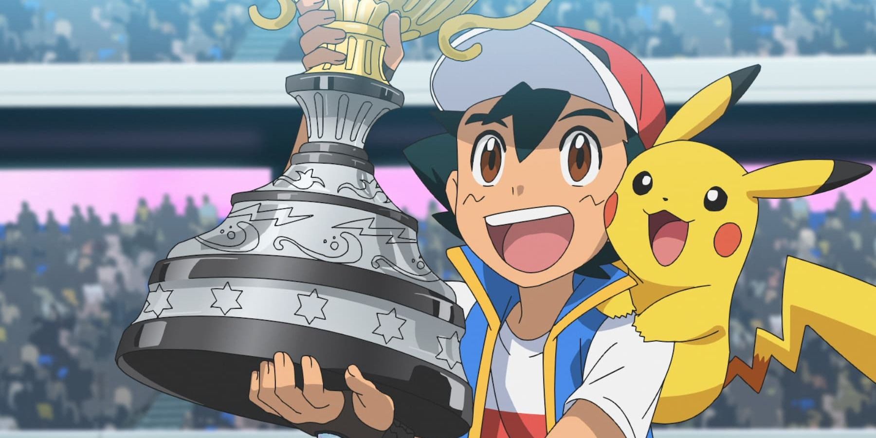 ash ketchum lifting the pokemon world champion trophy with pikachu on his shoulder