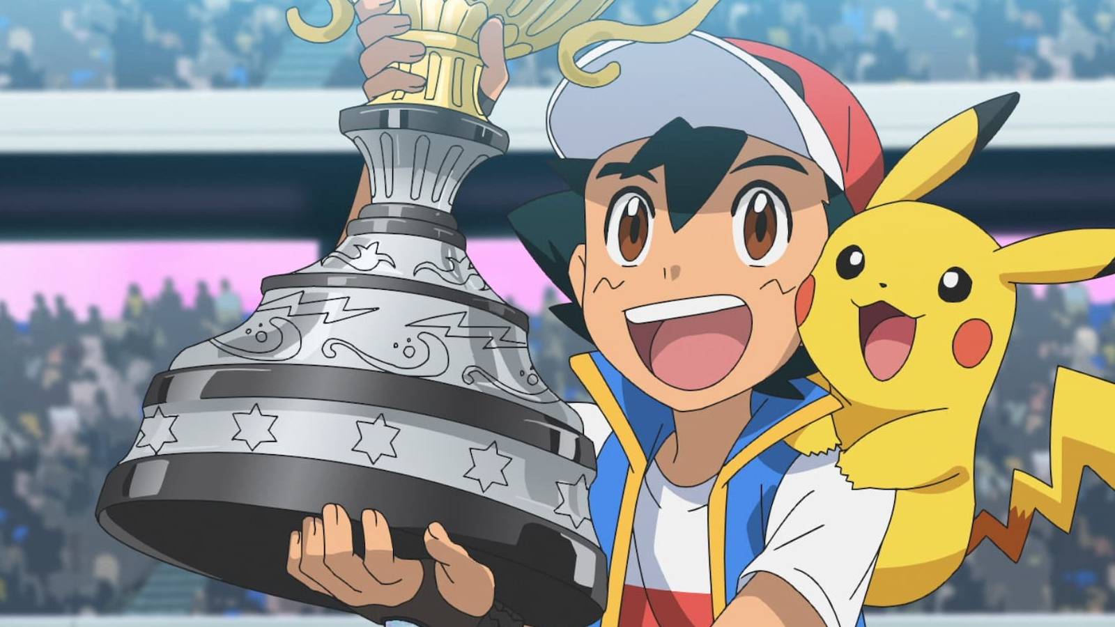 ash ketchum lifting the pokemon world champion trophy with pikachu on his shoulder
