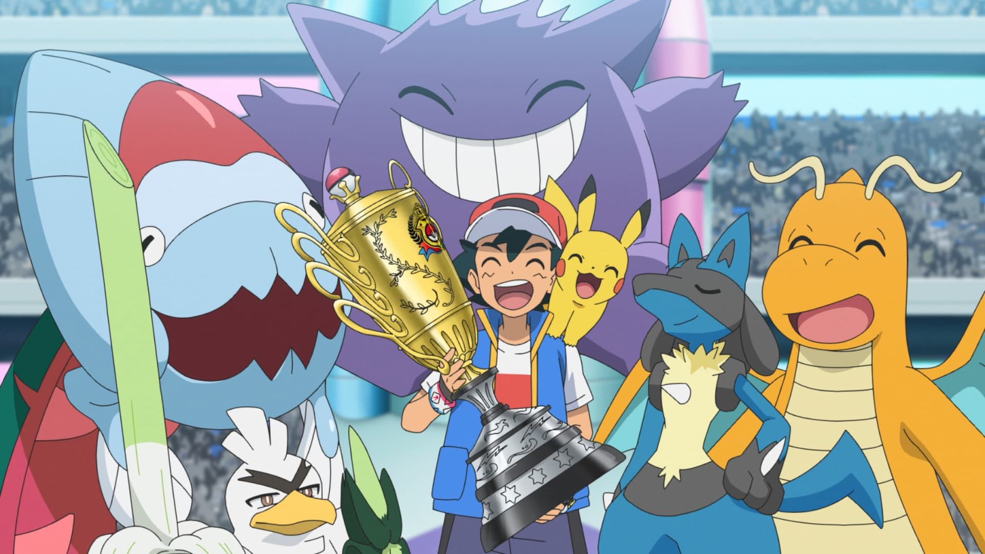 ash ketchum lifting the trophy of the pokemon world coronation series