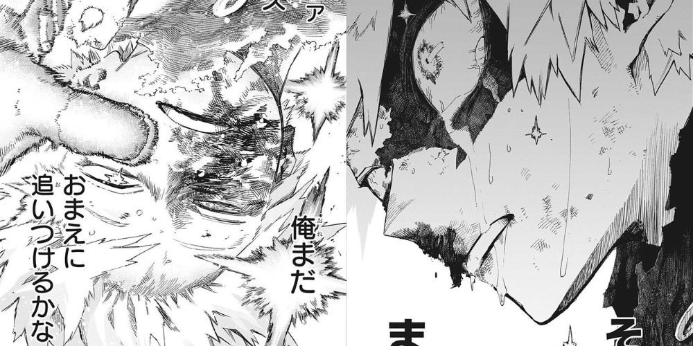 split image of two manga panels of Katsuki Bakugo during his fight against Shigaraki