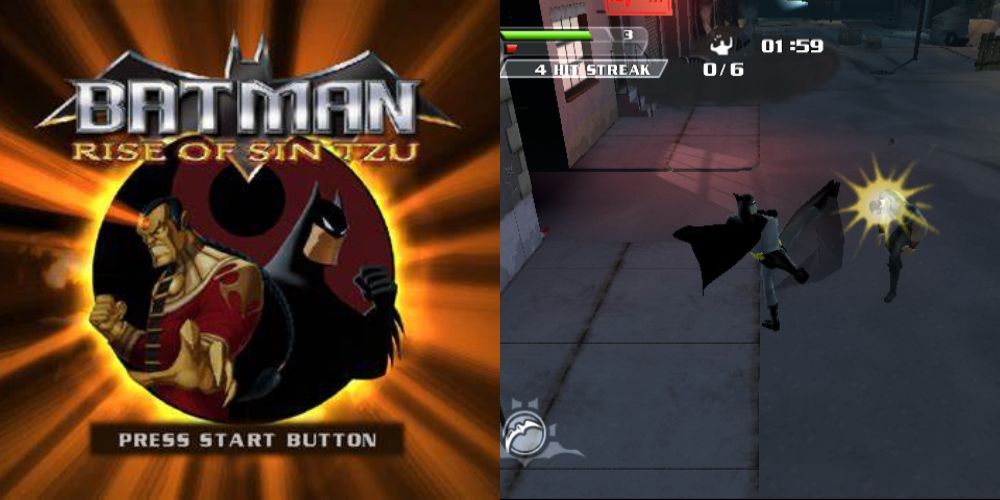 Batman and Sin Tzu Menu Screen and Batman kicking villain in city