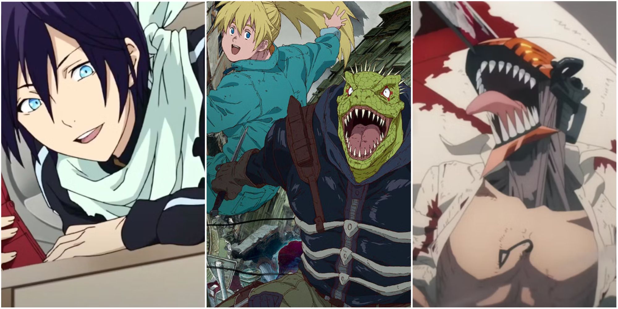 Three-way split grid featuring screenshots from Noragami, Dorohedoro, and Chainsaw Man