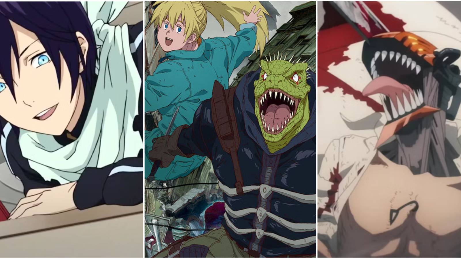 Three-way split grid featuring screenshots from Noragami, Dorohedoro, and Chainsaw Man