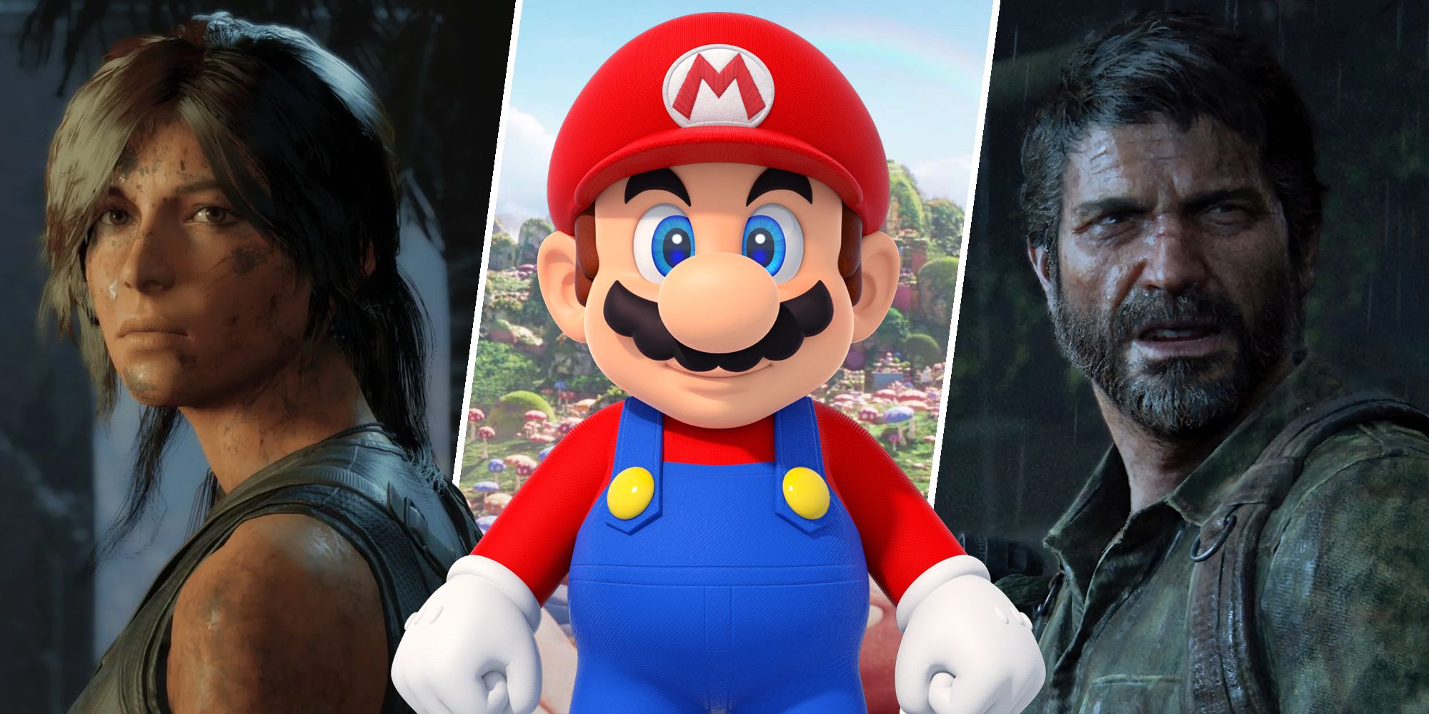 Lara Croft (Tomb Raider), Mario (Super Mario Bros.), and Joel Miller (The Last of Us)