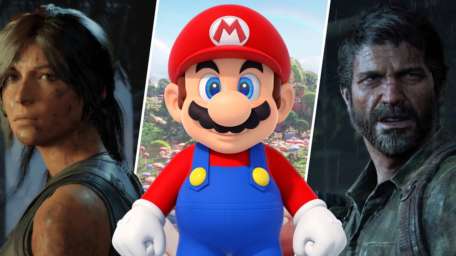 Lara Croft (Tomb Raider), Mario (Super Mario Bros.), and Joel Miller (The Last of Us)